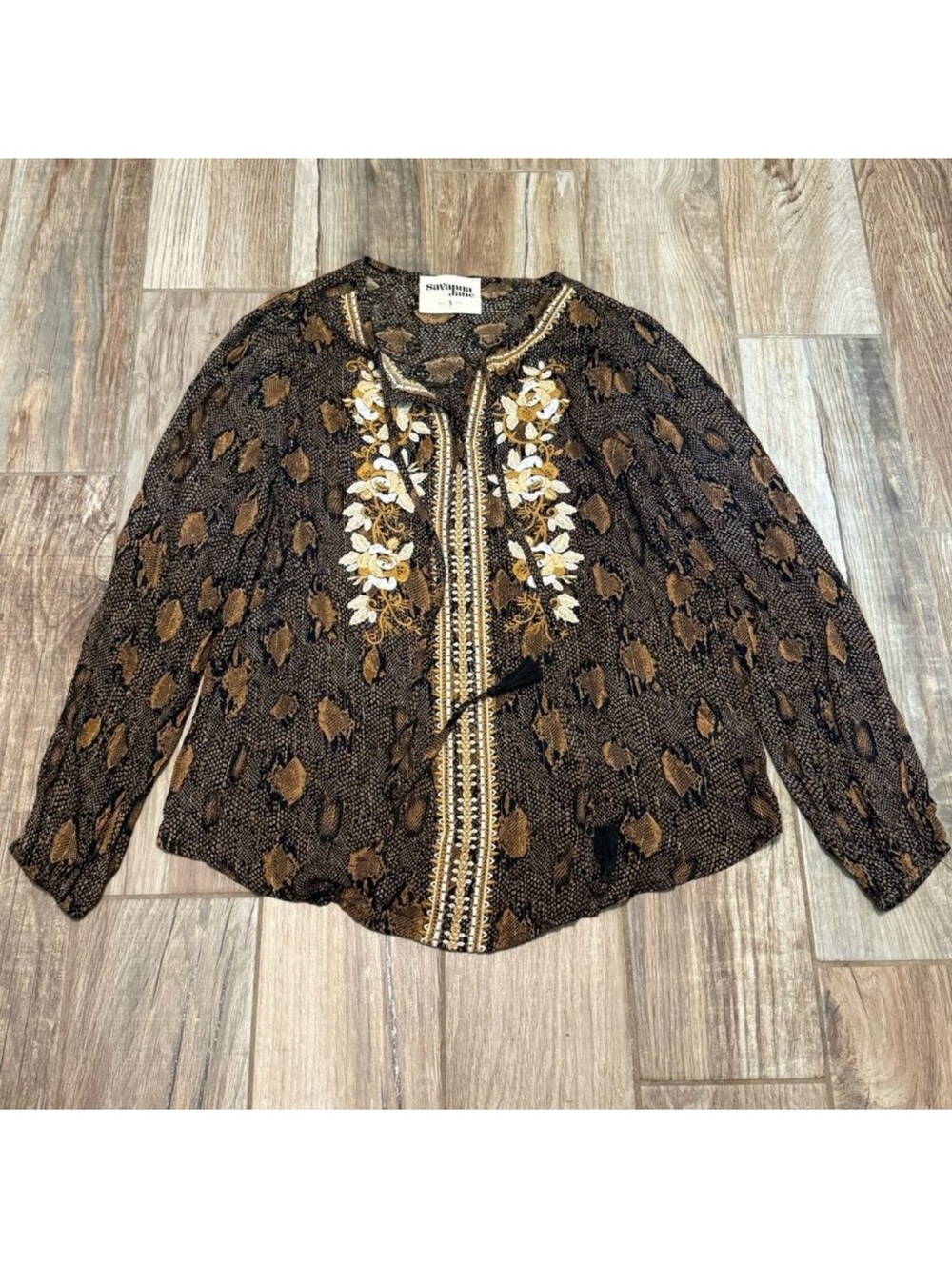 Savanna Jane Snake Skin Embroidered Floral Long Sleeve Top